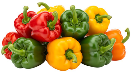 Vibrant Assorted Bell Peppers Pile with Red Yellow Green and Orange Sweet Peppers Isolated on White Background

