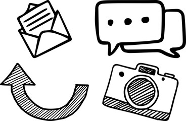 Hand-drawn communication and technology icons including an envelope speech bubble camera and curved arrow isolated on white background for app design