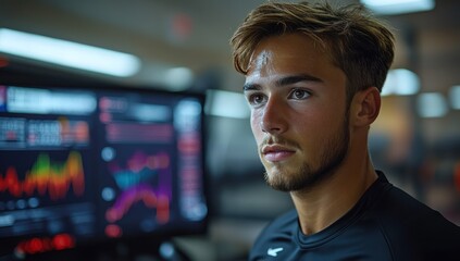 A focused young man with sweat on his face looks at performance data on a large screen in a gym