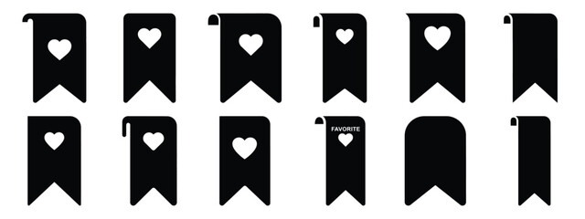 Minimalist black silhouette of a favorite bookmark vector icon set.