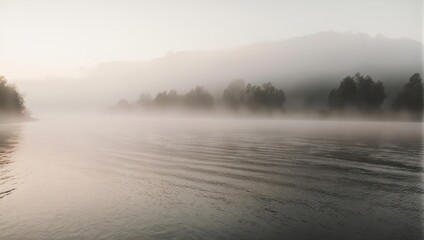 Misty river scene at dawn, with trees along the banks and hills fading into the distance