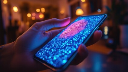 Closeup of hand holding a mobile phone showing a glowing pink fingerprint scan on a blue, pixelated screen