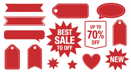 Red sale and discount stickers, tags, and banners on white background, perfect for promotional graphics, retail marketing, seasonal sales, e-commerce advertisements, product highlights, online store