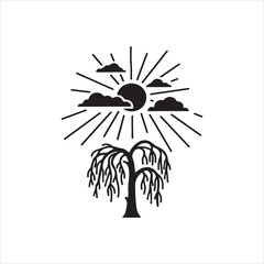  Silhouette weeping willow tree sun and clouds nature scenery Vector illustration