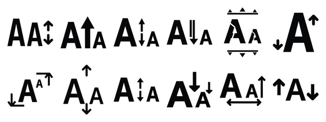 Minimalist black silhouette of a font size vector icon set.