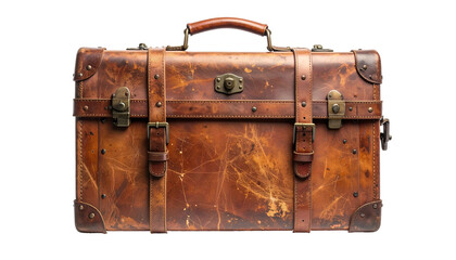 A worn, brown leather suitcase with buckles, straps, and handle against a black backdrop