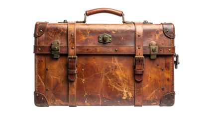 A worn, brown leather suitcase with buckles, straps, and handle against a black backdrop