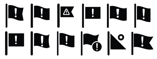 Minimalist black silhouette of a flag alert vector icon set.