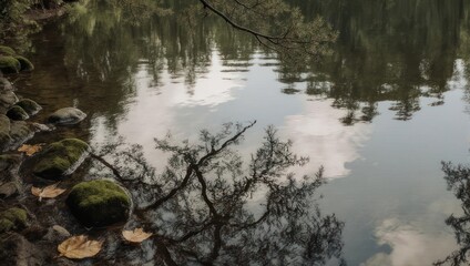 Still lake reflects sky, trees, and shoreline. Mossy rocks add texture. Peaceful scene