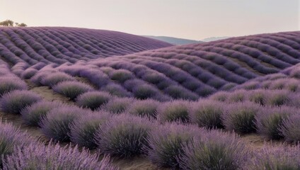 Rolling lavender fields blanket a scenic landscape in rows, soft light