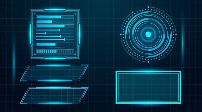 Futuristic digital interface with glowing blue neon elements on dark grid background - Powered by Adobe