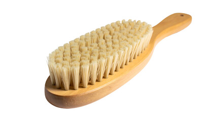 Wooden handled brush with tightly packed bristles, isolated on black background, angled view