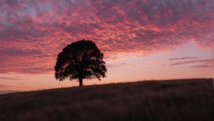 A lone tree silhouetted against a vibrant, sunset sky over a grassy hill