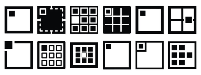 Minimalist black silhouette of a grid select vector icon set.