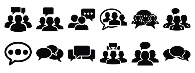 Minimalist black silhouette of a group chat vector icon set.