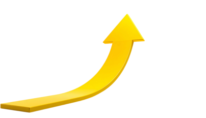 A glossy, upward-curving golden arrow isolated on a black background