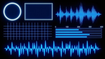 Futuristic blue neon data visualization elements on black background