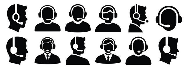 Minimalist black silhouette of a headset call vector icon set.