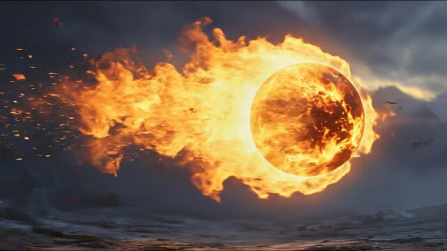 Blazing fantasy fireball cast from hand with smooth acceleration and fiery trails, high-end magic VFX background element
