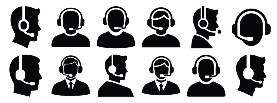 Minimalist black silhouette of a headset call vector icon set.