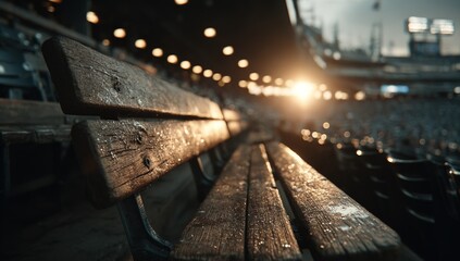 Close-up of empty, weathered wooden stadium benches at sunset, golden light illuminating wet surfaces
