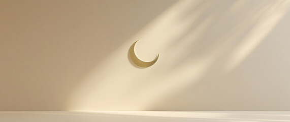 Shab-e-Meraj spiritual background with golden crescent moon and mosque silhouette, panoramic Islamic banner for Ramadan Kareem, Eid Mubarak and religious celebration events.