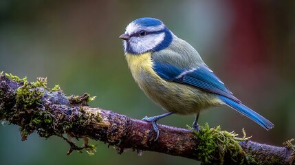Close-up of a tiny, colorful bird with bright blue wings, perched on a mossy branch