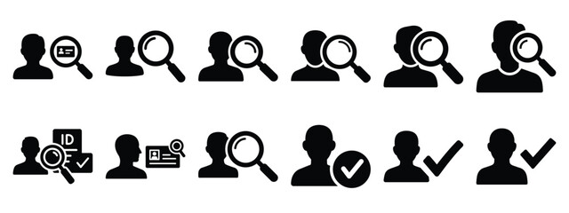 Minimalist black silhouette of a id verification vector icon set.