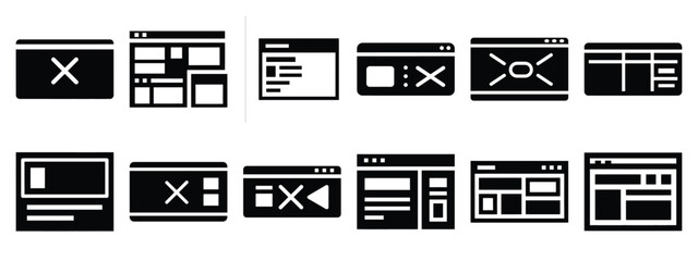 Minimalist black silhouette of a interface layout vector icon set.