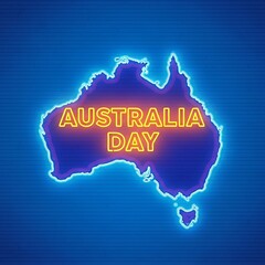 Neon australia day sign on blue wooden background with glowing outline