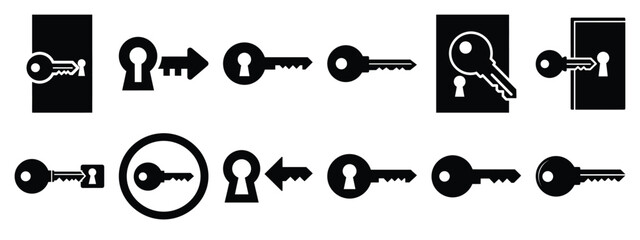 Minimalist black silhouette of a key access vector icon set.