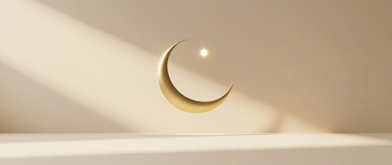 Luxury Islamic background with golden crescent moon, stars, and elegant shadows for Shab-E-Meraj greetings, Ramadan, and Eid celebrations with minimalist aesthetic and copy space.