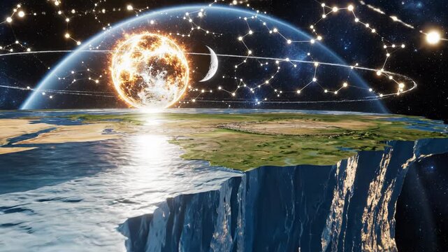 Flat earth concept with sun moon and stars in the sky