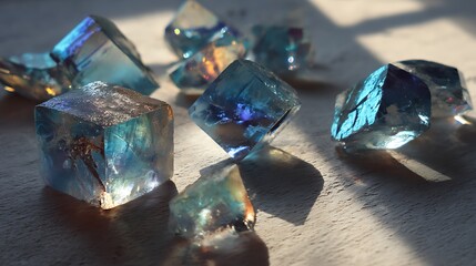 Close-up of iridescent, crystalline structures scattered on a textured, white surface