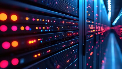 Rows of glowing server racks in a data center, with colorful blinking lights indicating intense activity