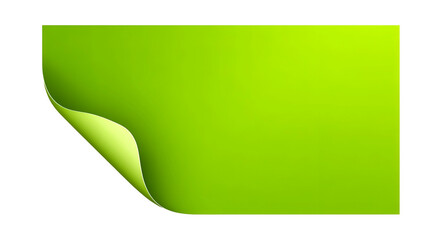 A rectangular, bright green paper with a curled corner and a subtle shadow on black