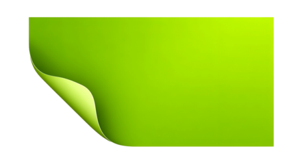 A rectangular, bright green paper with a curled corner and a subtle shadow on black