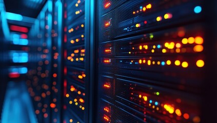 A long hallway of server racks with glowing blue and red indicator lights in a data center