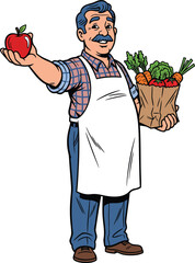 Friendly Greengrocer with Fresh Fruits and Vegetables