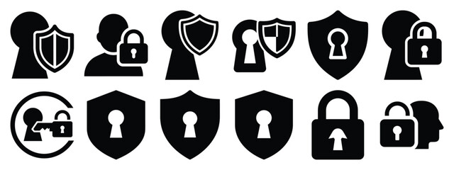 Minimalist black silhouette of a login secure vector icon set.