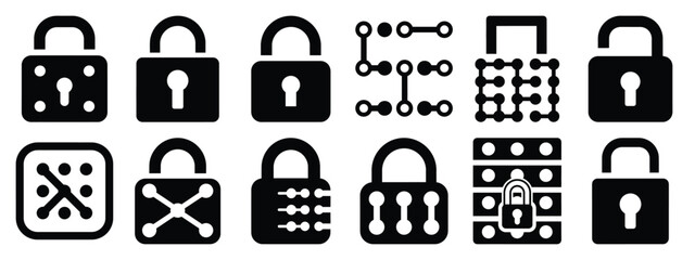 Minimalist black silhouette of a lock pattern vector icon set.