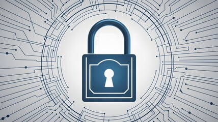 Secure blue padlock icon centered on a digital circuit board background symbolizing internet and data protection cybersecurity and privacy in a clean modern des