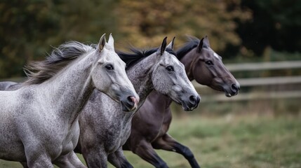 Obraz premium Three horses, two grey and one brown, run side-by-side in a grassy field, autumn foliage in the background