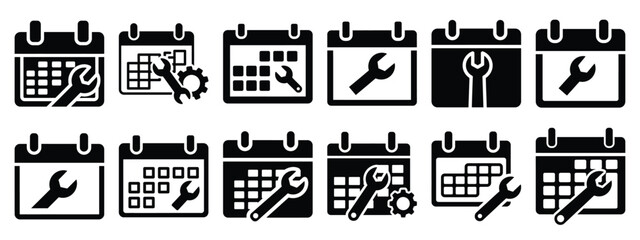 Minimalist black silhouette of a maintenance calendar vector icon set.