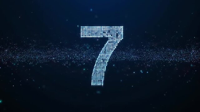 Digital Glitter Number 7 on Dark Blue Background　輝く粒子で構成された数字の7
