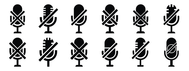 Minimalist black silhouette of a microphone mute vector icon set.