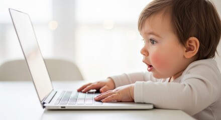 Future Tech Explorer: An adorable toddler intently focuses on a laptop, exploring the digital world with curiosity and wonder. Capturing a moment of innocent interaction with technology.