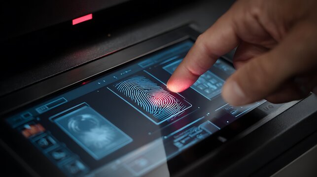Close-up of a finger interacting with a digital screen, showcasing fingerprint recognition - Powered by Adobe