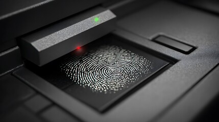 A close-up view of a fingerprint being scanned by a futuristic-looking security system