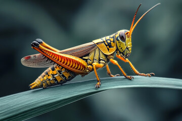 Fototapeta premium Detailed Grasshopper Resting on a Green Grass Blade